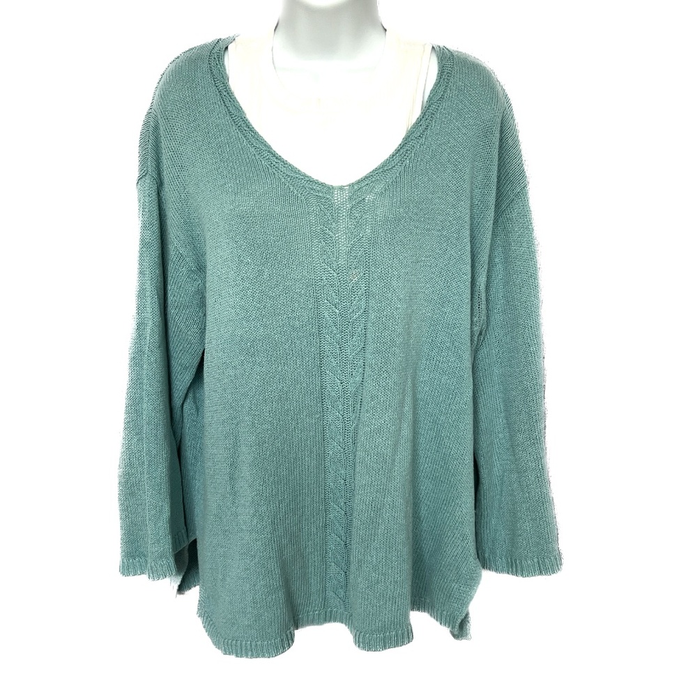 Coldwater Creek Pullover Sweater Blue Centre Cable Knit Size L Scoop Neck Linen